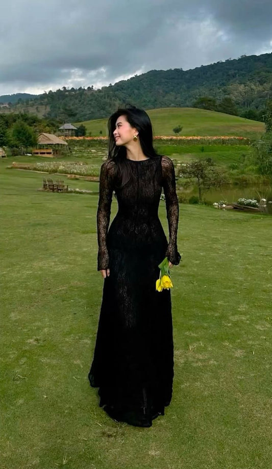 Black Lace Sexy A Line Long Sleeve Evening Dress Prom Dresses Formal Gown SH3941