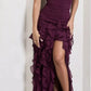 Burgundy Brick Sheath Spaghetti Straps Layered Chiffon Long Prom Dress Evening Dress with Slit SH3650