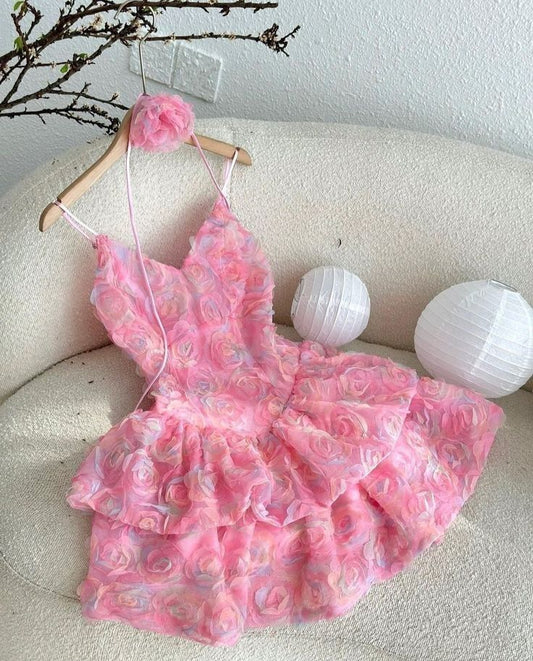 Pretty Pink A Line Spaghetti Straps Floral Layered Tulle Short Homecoming Dress Outfits SH5803