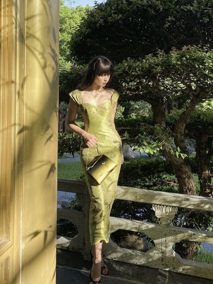 Elegant Sheath Straps Print Flower Green Satin Party Dress Evening Dress SH2867