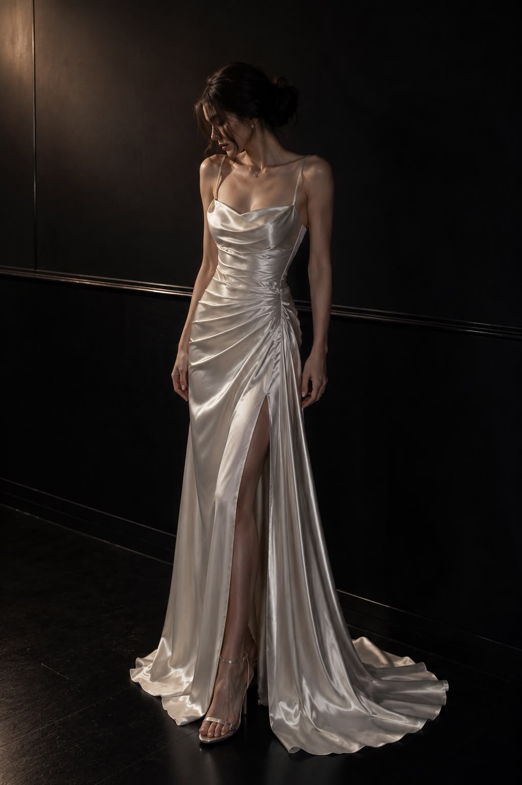 Charming A Line Spaghetti Strap Pleated White Satin Slit Long Prom Dress Evening Dress SH6956
