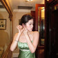 Vintage A Line Spaghetti Strap Beaded Green Satin Party Dress Evening Dress SH2864