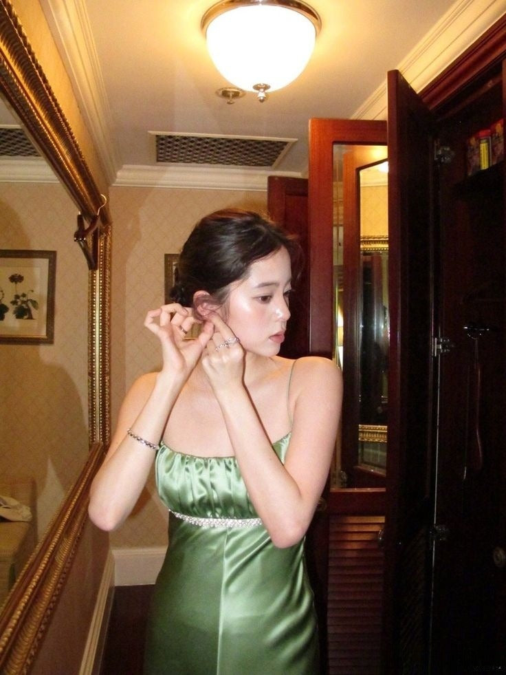 Vintage A Line Spaghetti Strap Beaded Green Satin Party Dress Evening Dress SH2864