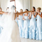 Baby Blue Mermaid Straps Tiered Satin Prom Dress Bridesmaid Dress SH2606