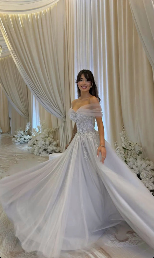 Princess Elegant A Line Off the Shoulder Beaded Tulle Long Prom Dress Party Dress SH5541