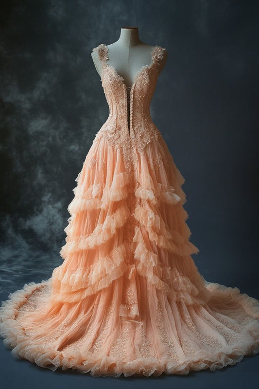 Cute A Line V Neck Appliques Tiered Tulle Long Prom Dress Graduation Prom Dress SH2456
