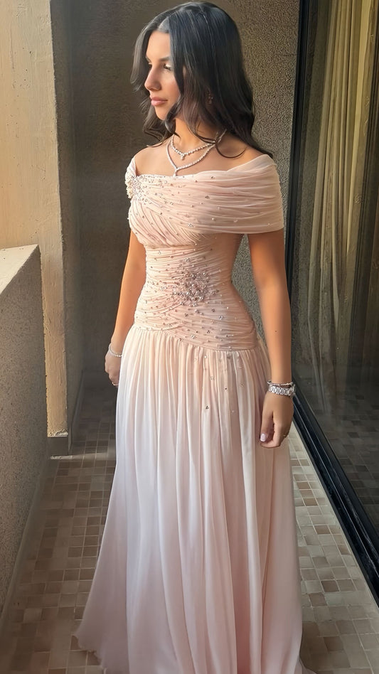 Pink Elegant A Line Off the Shoulder Beaded Chiffon Long Evening Dress Prom Dress SH3937