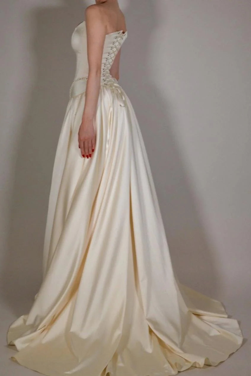 Exquisite Satin Ivory Sleeveless Strapless Long Pleated Prom Dress with Beadings SH5463