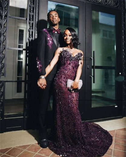 Sexy Special Occasion Dress Mermaid Sweetheart Grape Sequins Prom Dresses With Beads Gem Party Dress Long Evening Dresses SH6408