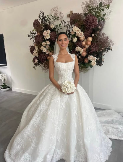 Elegant Ball Gown Straps Exquisite White Lace Long Wedding Dress SH8689