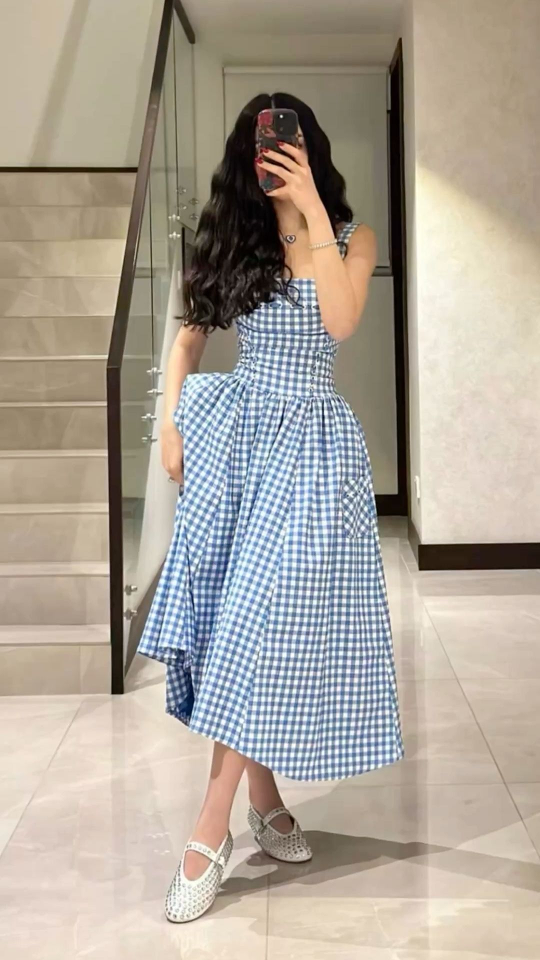 Simple Blue Lattice A Line Straps Satin Long Prom Dress Evening Dress SH8870