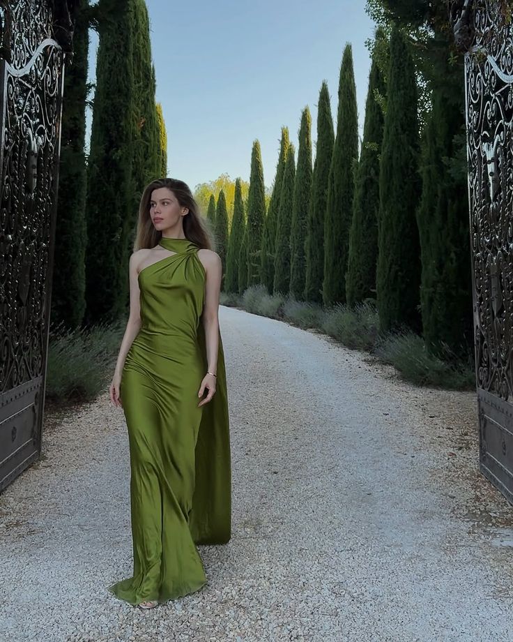 Elegant Green A Line One Shoulder Satin Long Prom Dress Evening Dress SH7020