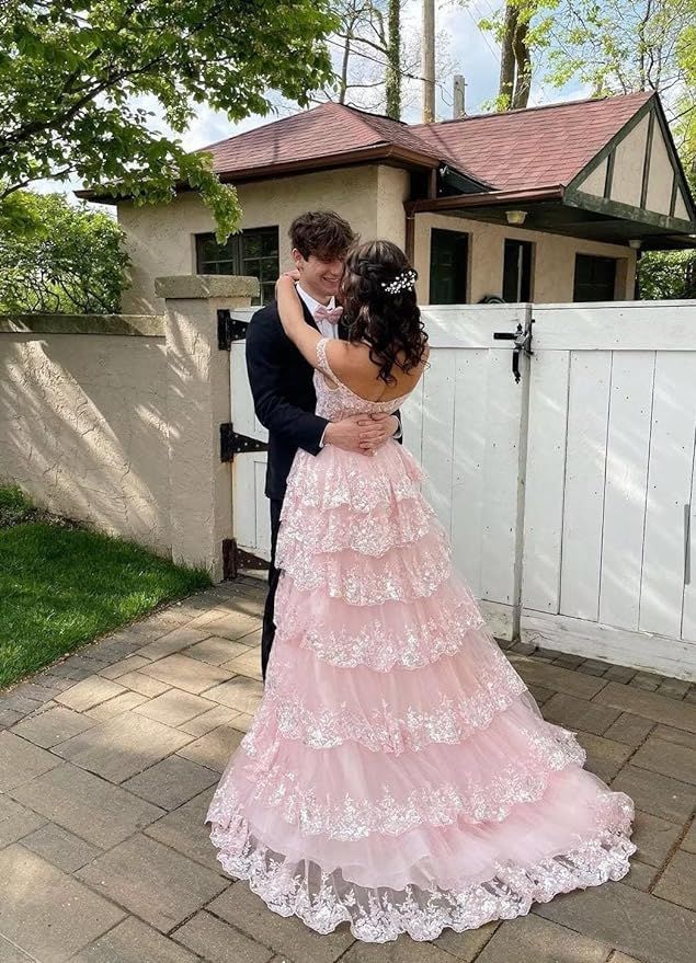 Luxurious A Line Off the Shoulder Corset Pink Lace Layered Tulle Prom Dress Evening Dress SH6366