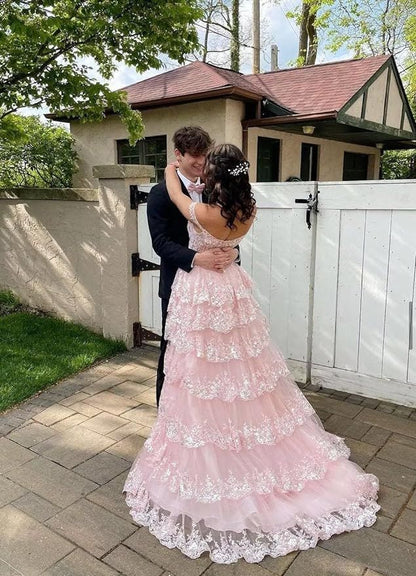 Luxurious A Line Off the Shoulder Corset Pink Lace Layered Tulle Prom Dress Evening Dress SH6366