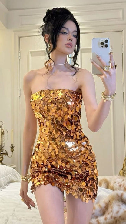 Sexy Sheath Strapless Gold Sequin Short Homecoming Dress Cocktail Dress SH3211