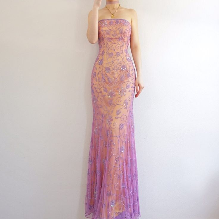 Vintage Sheath Strapless Beaded Chiffon Satin Long Party Dress Evening Dress SH2786