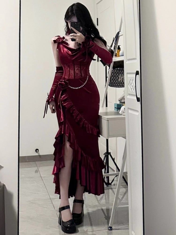 Burgundy Rose Mermaid Spagehtti Strap Lace Satin Prom Dress Party Dress SH5023