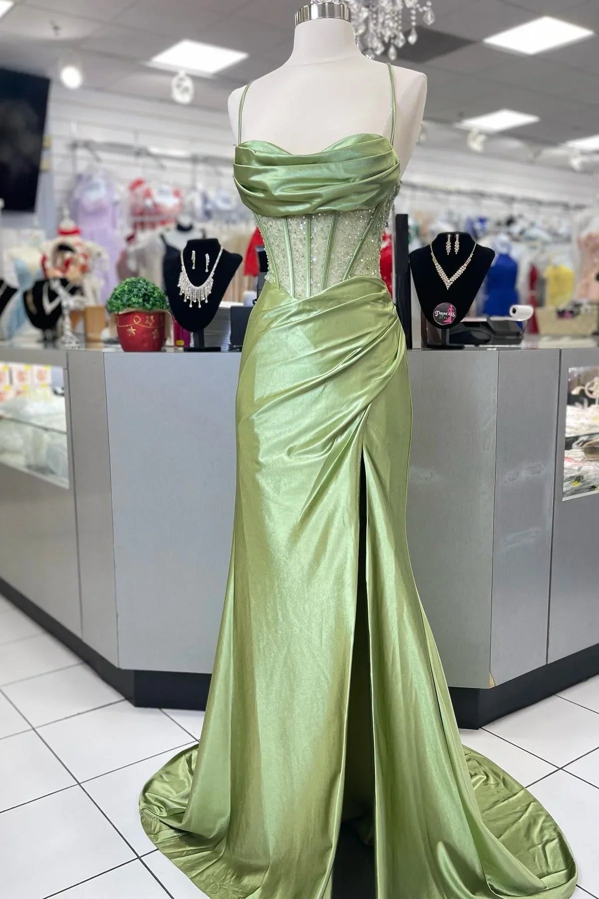 Hot Mermaid Spaghetti Straps Green Long Prom Dress with Criss Cross Back SH8312