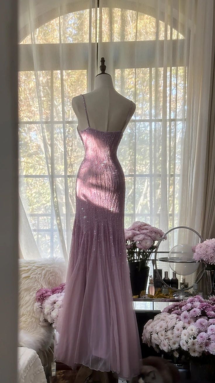 Purple Sheath Spaghetti Strap Beaded Tulle Long Prom Dress Evening Dress SH2443