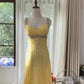 Yellow A Line Strap Beaded Sequin Chiffon Open Back Prom Dress Evening Dress SH2534