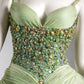Vintage Ball Gown A Line Spaghetti Strap Beaded Pleated Green Tulle Party Dress Evening Dress SH2849