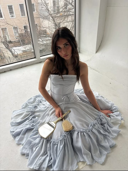 Grey-blue A Line Halter Corset Chiffon Backless Long Prom Dress Evening Dress SH8509
