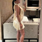 Light Champagne A Line Halter Satin Open Back Mini Homecoming Dress SH3388