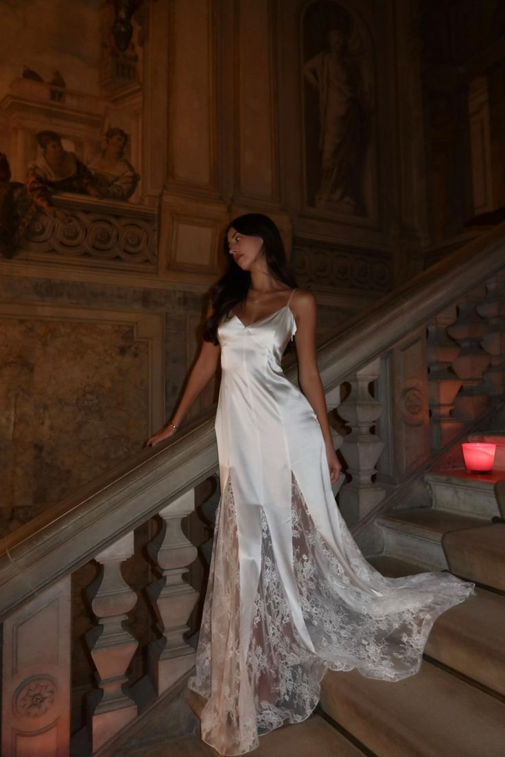 Romantic A Line Spaghetti Strap White Lace Satin Long Prom Dress Evening Dress SH8126