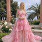 Sweety Pink A Line Spaghetti Straps Print Floral Chiffon Prom Dress Evening Dress SH7207