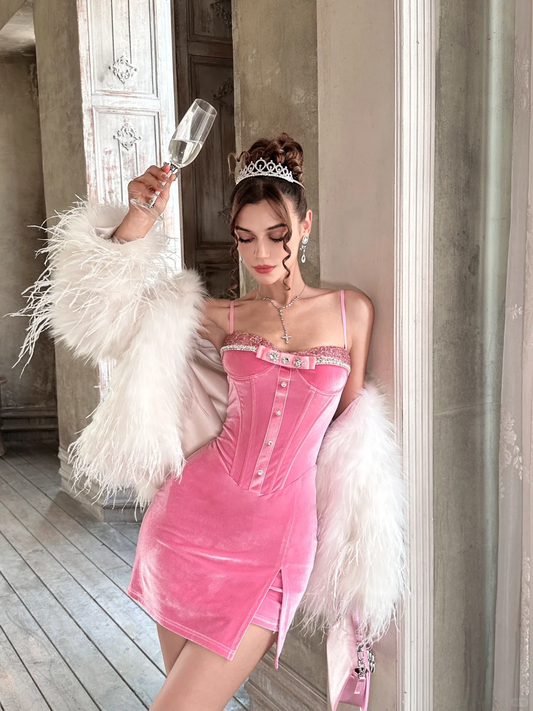 Cute Pink Sheath Spaghetti Strap Beaded Velvet Homecoming Dress Wedding Guest Dress SH4470
