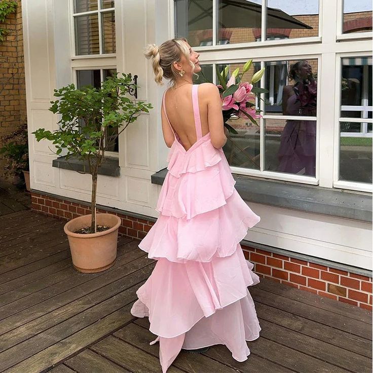 Pink A Line Halter Ruffle Chiffon Long Evening Dress Prom Dress SH1719