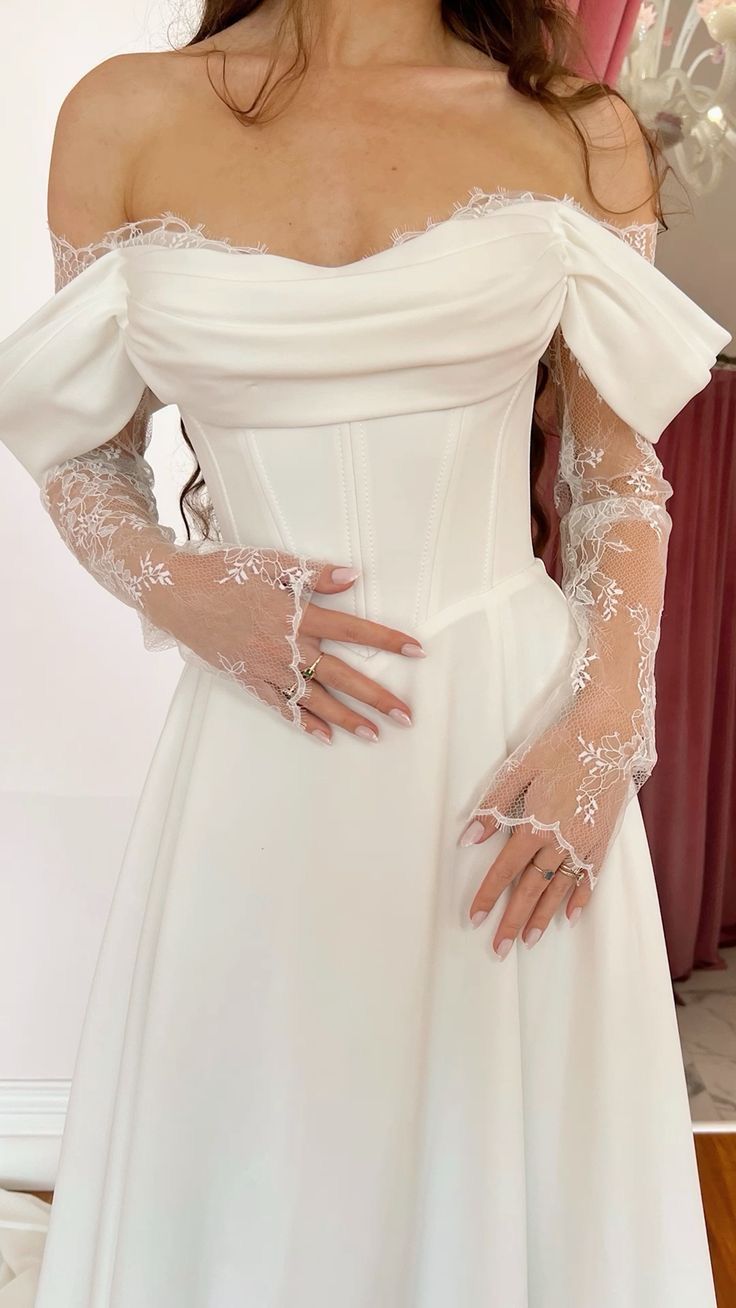Elegant A Line Long Sleeve White Lace Satin Slit Long Wedding Dress SH7074