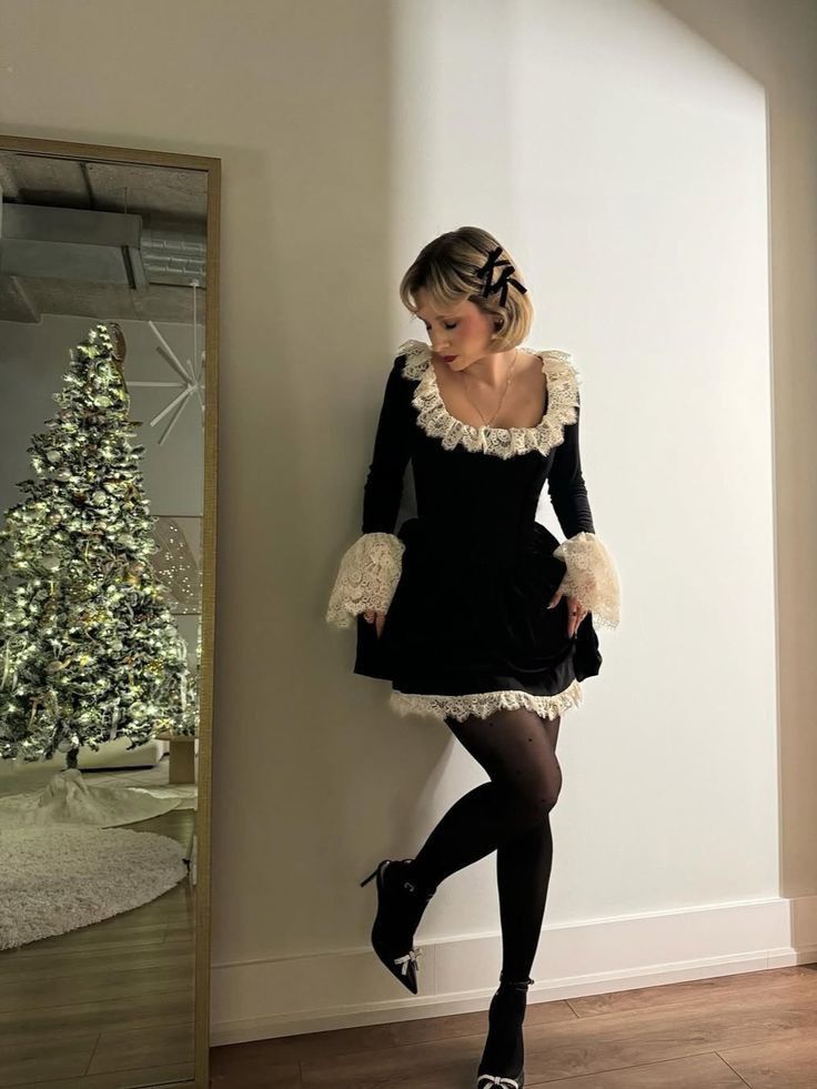 Cute A Line Long Sleeve White Lace Black Velvet Short Prom Dress Homecoming Dress SH7965