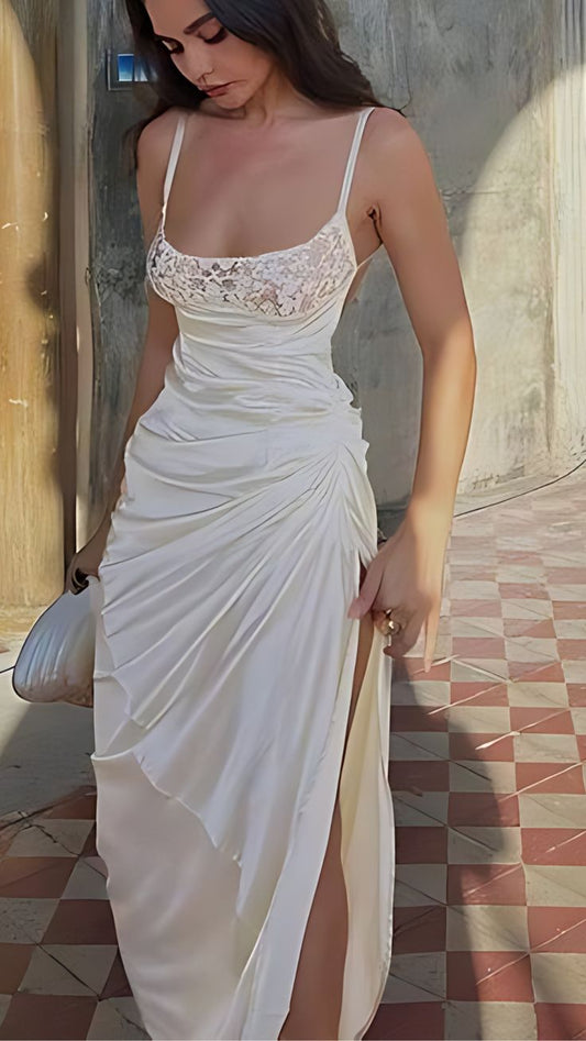 Simple Sheath Spaghetti Straps Pleated Lace Satin Open Back Prom Dress Party Dress SH4074