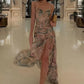 Sexy Print Floral Mermaid Straps Chiffon Prom Dress Evening Dress with Slit SH5766