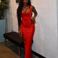 Two Piece Sheath Spaghetti Strap Burgundy Satin Party Dress Evening Dress SH2855