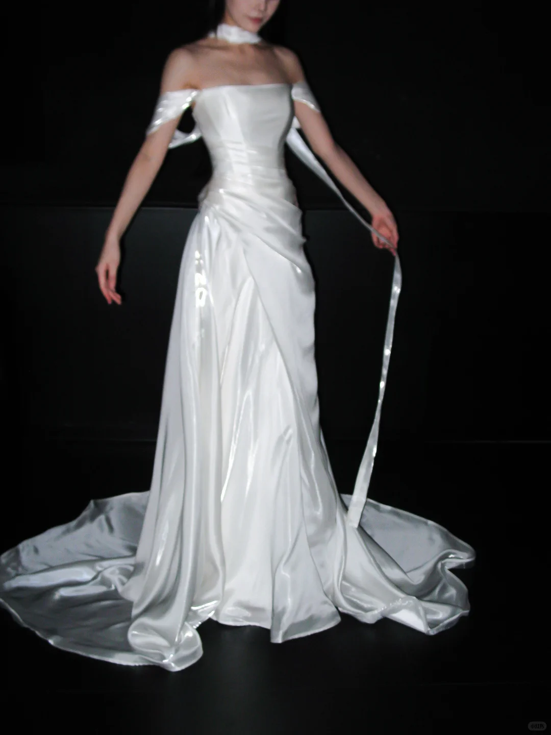 Elegant A Line Off the Shoulder White Pleated Satin Long Wedding Dress SH8906