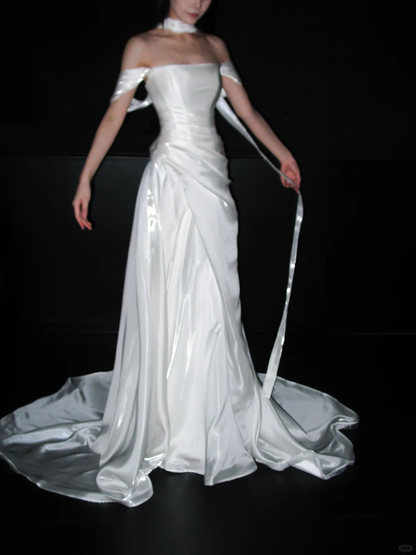 Elegant A Line Off the Shoulder White Pleated Satin Long Wedding Dress SH8906