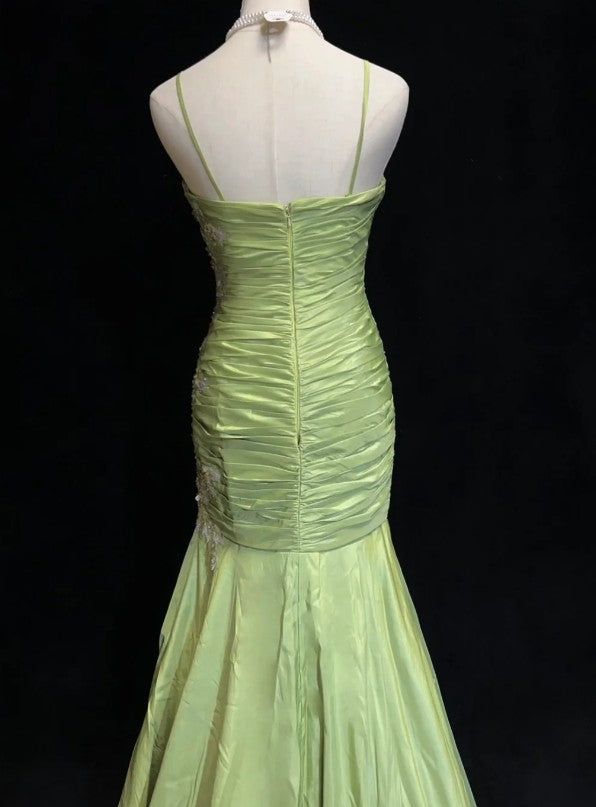 Vintage Mermaid Sweetheart Neck Appliques Green Satin Long Party Dress Evening Dress SH2845