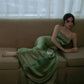 Vintage A Line Spaghetti Strap Beaded Green Satin Party Dress Evening Dress SH2864