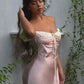 Princess Pink A Line Off the Shoulder Satin Prom Dress Evening Dress SH5756