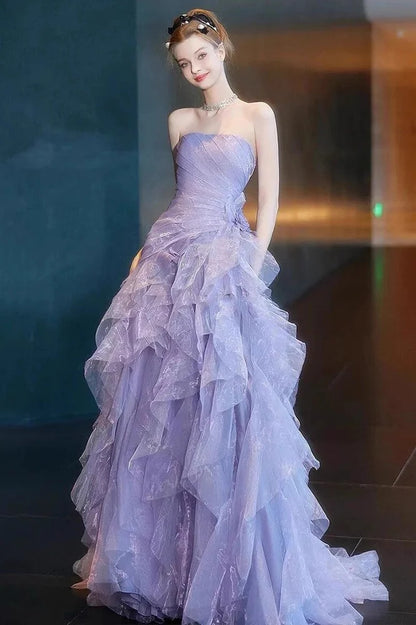 Lilac Ball Gown Strapless Pleated Layered Organza Tulle Long Prom Dress Evening Dress SH7212
