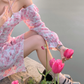 Pink Print Floral A Line Long Sleeve Chiffon Short Homecoming Dress Outfits SH5831