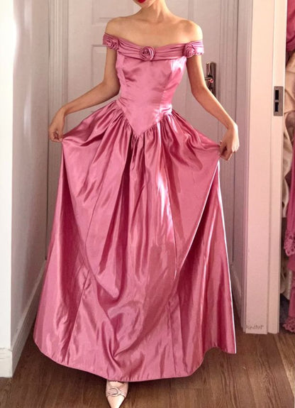 Vintage Pink 3D Floral A Line Off the Shoulder Satin Long Prom Dress Evening Dress SH6901