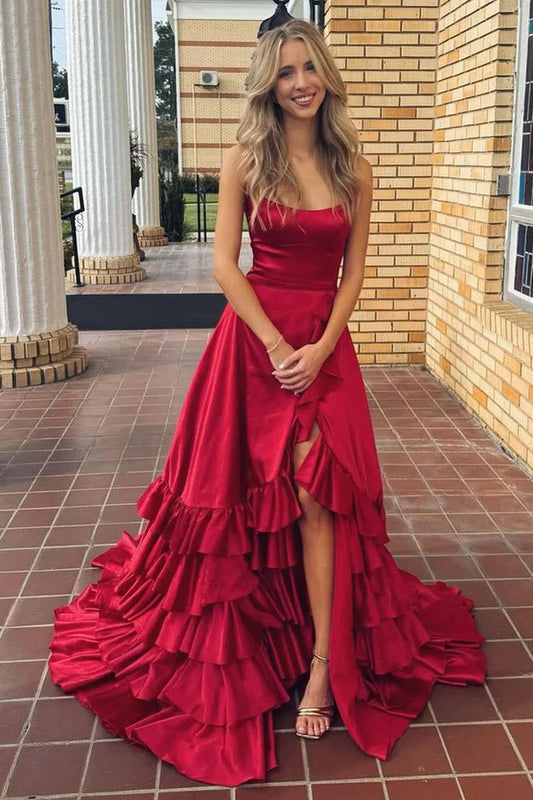 Burgundy A Line Spaghetti Straps Layered Ruffle Satin Prom Dress Evening Dress with Slit SH6369
