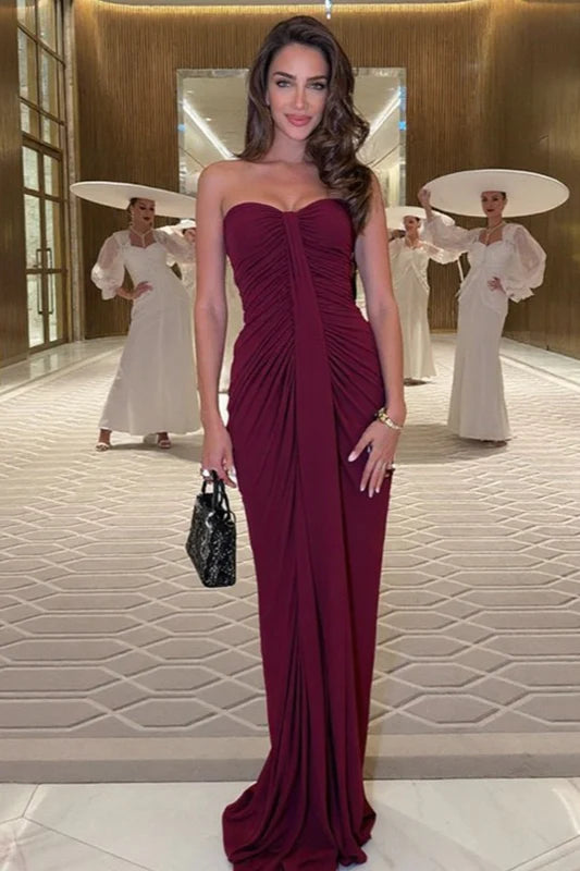 Simple Burguny Sheath Sweetheart Neck Pleated Satin Prom Dress Evening Dress SH7199