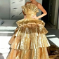 Luxurious Gold Strapless Pleated Irregular Neck Layered Prom Dress Ball Gown Quinceañera Party Dress SH1016