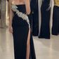 Sexy Black Sheath Strapless Beaded Chiffon Long Prom Dress Party Dress with Slit SH4814
