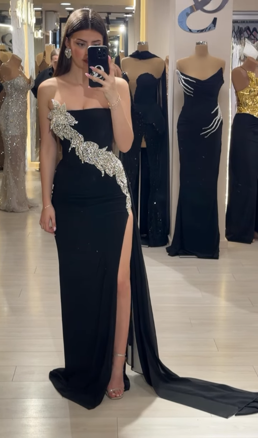 Sexy Black Sheath Strapless Beaded Chiffon Long Prom Dress Party Dress with Slit SH4814