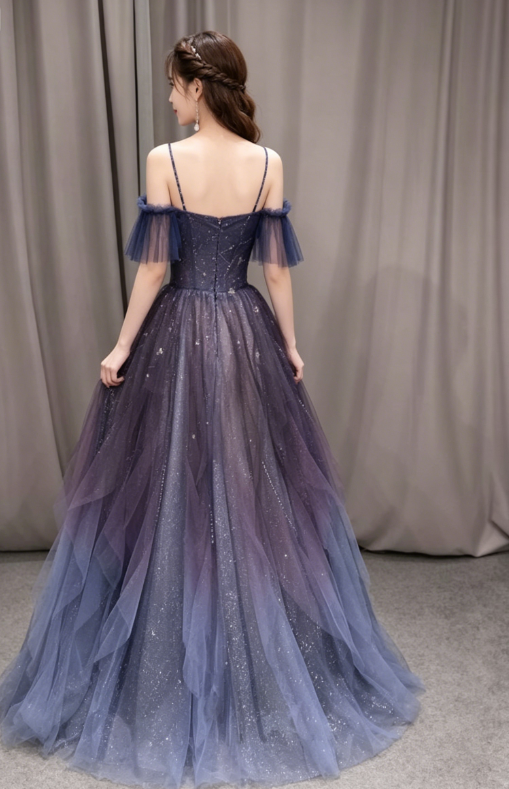 Purple tulle off shoulder A-line long prom dress, purple evening dress KS7899